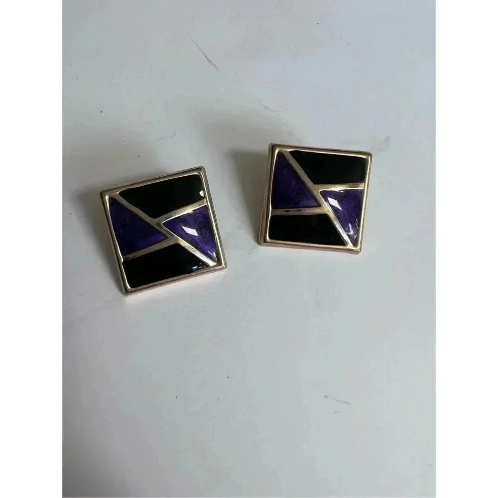 𝅺Black purple gold‎ vintage square earrings